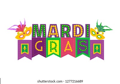 Mardi Gras holiday celebration headline. Hand drawn typographic element. Fancy colorful beads letters, flags isolated. Carnival invitation welcome flyer template. Vector masquerade parade illustration