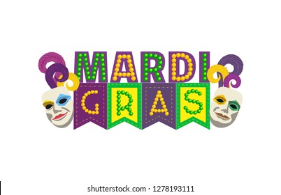 Mardi Gras holiday celebration headline. Hand drawn fun design element. Fancy colorful beads letters, masks isolated. Carnival invitation welcome flyer template. Vector masquerade parade illustration