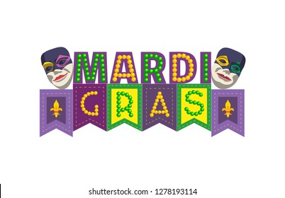 Mardi Gras holiday celebration headline. Hand drawn fun design element. Fancy colorful beads letters, masks isolated. Carnival invitation welcome flyer template. Vector masquerade parade illustration