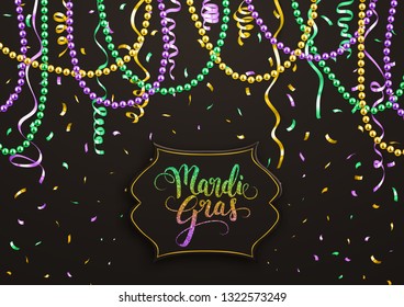 Mardi Gras holiday decorative postcard with colorful beads and calligraphic lettering, vector illustration