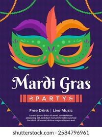 Mardi Gras holiday poster template with green mask and feather on purple background