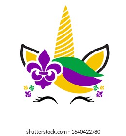 Mardi gras holiday print for tshirt, poster, baby clothing, card. Cute unicorn face with lily symbols isolated on white background