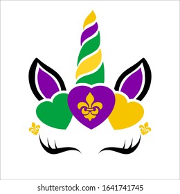 Mardi gras holiday print for tshirt, poster, baby clothing, card. Cute unicorn face with lily symbols isolated on white background