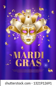 Mardi gras holiday, shrove fat tuesday celebration mask poster. Brazil carnival, masquerade party face disguise accessory. Vector theater performance costume. Venetian carnival golden mask.