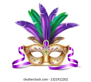 Mardi gras holiday, shrove tuesday, fat tuesday celebration feather mask. Brazil carnival, masquerade party face disguise accessory. Vector theater  costume. Venetian carnival golden mask with plumage