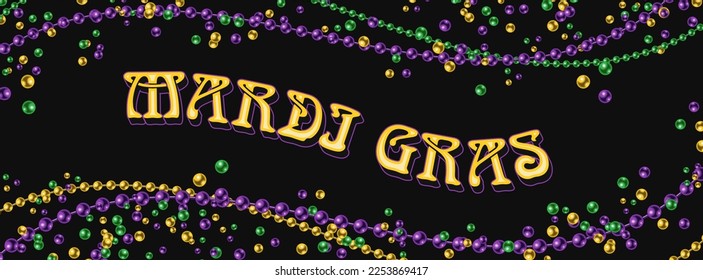 Mardi gras horizontal banner with scattered beads, string of beads, copy space.Vector illustration for advert of event. Layout, template for social media, web sites. Social media header size