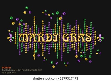 Mardi Gras horizontal banner with scattered beads, string of beads, text. Illustration for advert of event. Editable text appearance, text graphic style included