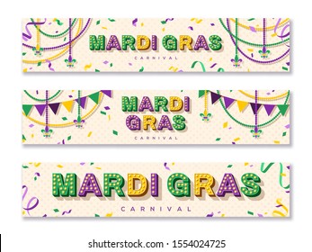 Mardi Gras horizontal banner with typography design. Vector illustration with retro light bulbs font, streamers, confetti and hanging garlands