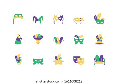 Mardi gras icon set design, Party carnival decoration celebration festival holiday fun new orleans and traditional theme Vector illustration