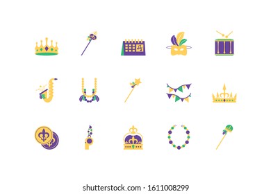 Mardi gras icon set design, Party carnival decoration celebration festival holiday fun new orleans and traditional theme Vector illustration