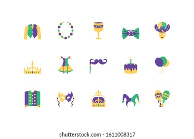 Mardi gras icon set design, Party carnival decoration celebration festival holiday fun new orleans and traditional theme Vector illustration
