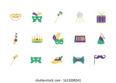 Mardi gras icon set design, Party carnival decoration celebration festival holiday fun new orleans and traditional theme Vector illustration