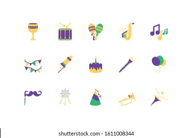 Mardi gras icon set design, Party carnival decoration celebration festival holiday fun new orleans and traditional theme Vector illustration