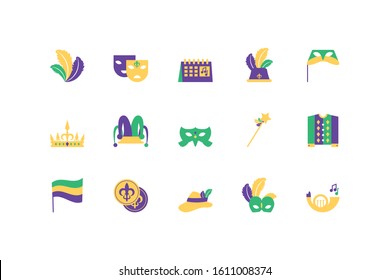 Mardi gras icon set design, Party carnival decoration celebration festival holiday fun new orleans and traditional theme Vector illustration