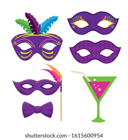 Mardi gras icon set design, Party carnival decoration celebration festival holiday fun new orleans and traditional theme Vector illustration