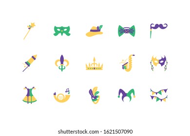 Mardi gras icon set design, Party carnival decoration celebration festival holiday fun new orleans and traditional theme Vector illustration