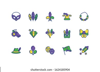 Mardi gras icon set design, Party carnival decoration celebration festival holiday fun new orleans and traditional theme Vector illustration
