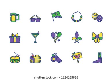 Mardi gras icon set design, Party carnival decoration celebration festival holiday fun new orleans and traditional theme Vector illustration