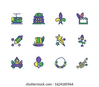 Mardi gras icon set design, Party carnival decoration celebration festival holiday fun new orleans and traditional theme Vector illustration