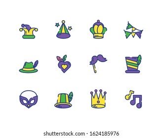 Mardi gras icon set design, Party carnival decoration celebration festival holiday fun new orleans and traditional theme Vector illustration