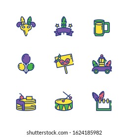 Mardi gras icon set design, Party carnival decoration celebration festival holiday fun new orleans and traditional theme Vector illustration