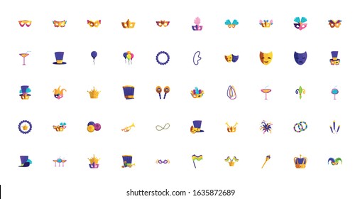 Mardi gras icon set design, Party carnival decoration celebration festival holiday fun new orleans and traditional theme Vector illustration