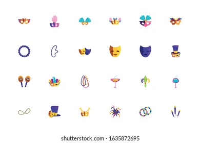 Mardi gras icon set design, Party carnival decoration celebration festival holiday fun new orleans and traditional theme Vector illustration