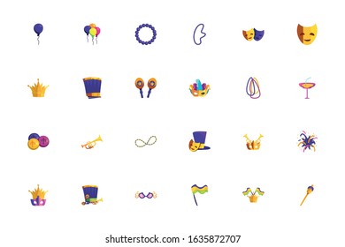 Mardi gras icon set design, Party carnival decoration celebration festival holiday fun new orleans and traditional theme Vector illustration