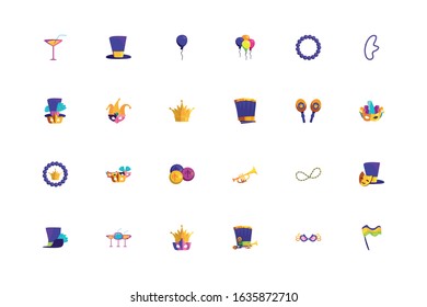 Mardi gras icon set design, Party carnival decoration celebration festival holiday fun new orleans and traditional theme Vector illustration