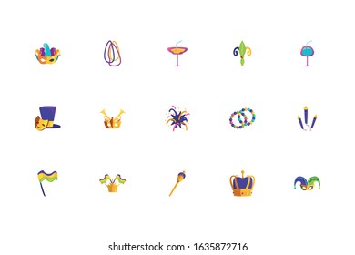 Mardi gras icon set design, Party carnival decoration celebration festival holiday fun new orleans and traditional theme Vector illustration