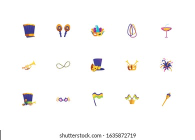 Mardi gras icon set design, Party carnival decoration celebration festival holiday fun new orleans and traditional theme Vector illustration