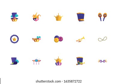 Mardi gras icon set design, Party carnival decoration celebration festival holiday fun new orleans and traditional theme Vector illustration