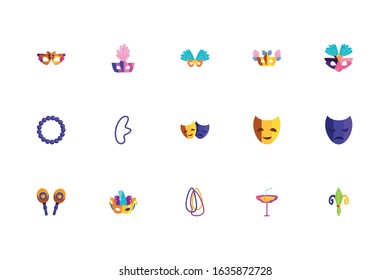 Mardi gras icon set design, Party carnival decoration celebration festival holiday fun new orleans and traditional theme Vector illustration