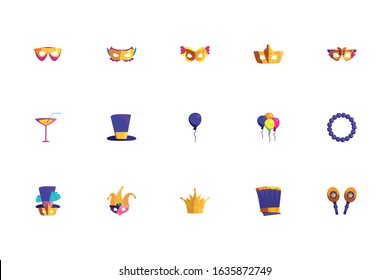 Mardi gras icon set design, Party carnival decoration celebration festival holiday fun new orleans and traditional theme Vector illustration