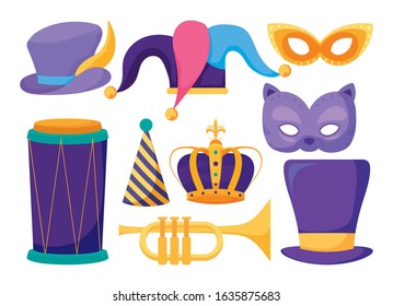 Mardi gras icon set design, Party carnival decoration celebration festival holiday fun new orleans and traditional theme Vector illustration
