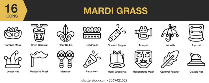 Mardi Gras icon set. Includes holiday, carnival, festival, party, traditional, gras, masquerade, and More. Outline icons vector collection.