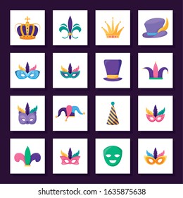 Mardi gras icon set inside frames design, Party carnival decoration celebration festival holiday fun new orleans and traditional theme Vector illustration