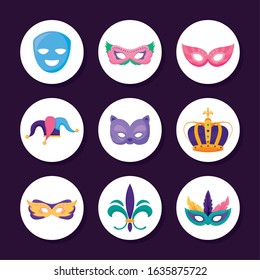 Mardi gras icon set inside circles design, Party carnival decoration celebration festival holiday fun new orleans and traditional theme Vector illustration