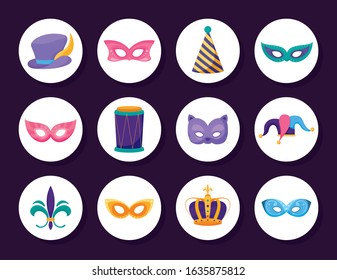 Mardi gras icon set inside circles design, Party carnival decoration celebration festival holiday fun new orleans and traditional theme Vector illustration