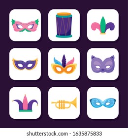 Mardi gras icon set inside frames design, Party carnival decoration celebration festival holiday fun new orleans and traditional theme Vector illustration