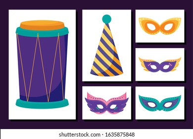 Mardi gras icon set inside frames design, Party carnival decoration celebration festival holiday fun new orleans and traditional theme Vector illustration