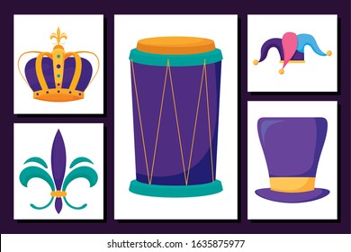 Mardi gras icon set inside frames design, Party carnival decoration celebration festival holiday fun new orleans and traditional theme Vector illustration