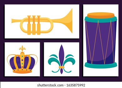 Mardi gras icon set inside frames design, Party carnival decoration celebration festival holiday fun new orleans and traditional theme Vector illustration