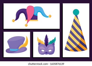 Mardi gras icon set inside frames design, Party carnival decoration celebration festival holiday fun new orleans and traditional theme Vector illustration