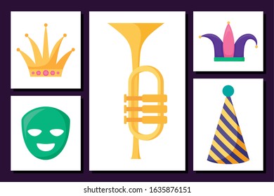 Mardi gras icon set inside frames design, Party carnival decoration celebration festival holiday fun new orleans and traditional theme Vector illustration
