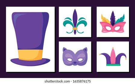 Mardi gras icon set inside frames design, Party carnival decoration celebration festival holiday fun new orleans and traditional theme Vector illustration