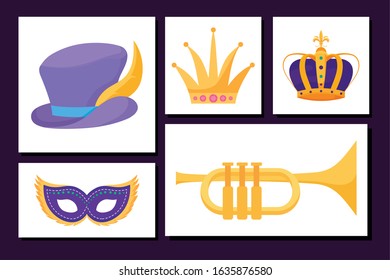 Mardi gras icon set inside frames design, Party carnival decoration celebration festival holiday fun new orleans and traditional theme Vector illustration