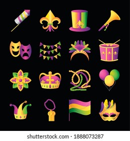 mardi gras icons collection fireworks hat masks drum beads flag crown flower and balloons vector illustration