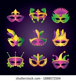 mardi gras icons set with different masks with feathers and jewelry vector illustration