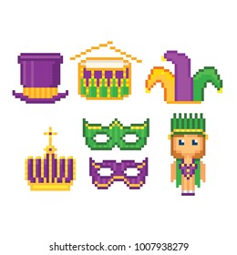 Mardi gras icons set. Pixel art. Old school computer graphic style. Games elements.